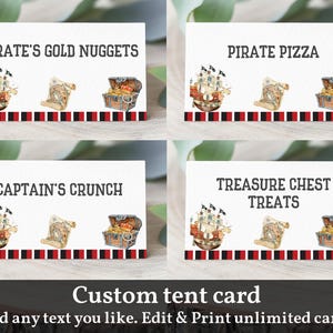 Cartão de barraca de comida de aniversário pirata, cartão de mesa de festa pirata, decoração, caixa de tesouro, navio pirata, impressão digital, editável, download Bir61