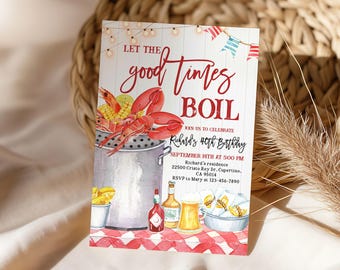 Low Country Boil-uitnodiging, Garnalen Boil-verjaardagsuitnodigingen, Zeevruchten Kook-verjaardagsuitnodiging, familie of een ander feest, Canva-sjabloon Abir6