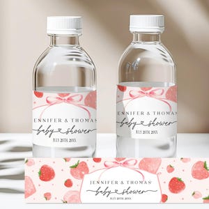 Étiquette de bouteille d'eau de douche de bébé aux fraises, emballage de bouteille d'eau aux fraises rose modifiable, étiquette de décoration de fête douce aux baies, imprimable Bab312
