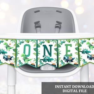 Dinosaur High Chair Banner Cute Dinosaur 1st Birthday Decorations Dino Themed First Boy Birthday Digital Download Printable Bir227