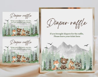 Adventure Baby Shower Diaper Raffle Sign: Woodland Animals, Pine Trees Bab194
