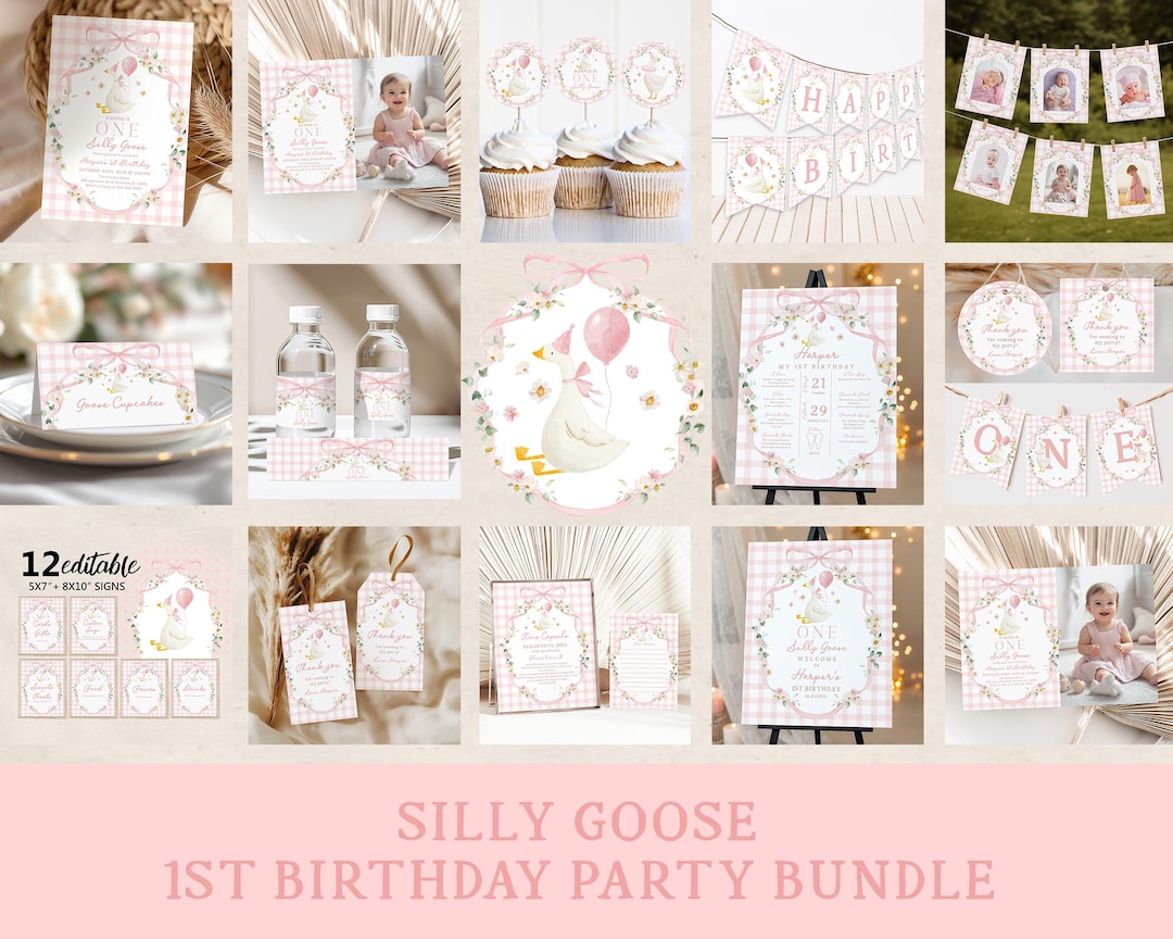 First Birthday Party Kit: Pink Bow, Gingham and Wildflower - Girl Theme ...