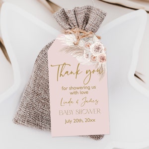 Étiquette de cadeau herbe de la pampa Boho Boho Baby Shower anniversaire Merci étiquettes étiquette cadeau fille rose modèle imprimable téléchargement modifiable Bab182