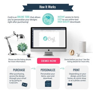 May include: How to personalize your designs using Corjl, an online tool.  The image shows a computer screen with the Corjl logo, a lamp, a succulent plant, and a white bird figurine.  The steps are: purchase, personalize, and print.  The image includes the text "DEMO NOW".
