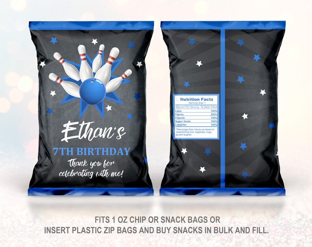 Bowling Chip Bag Bowling Birthday Party Favor Bag Bowling Party Decor Blue Black Boy Snack Bag