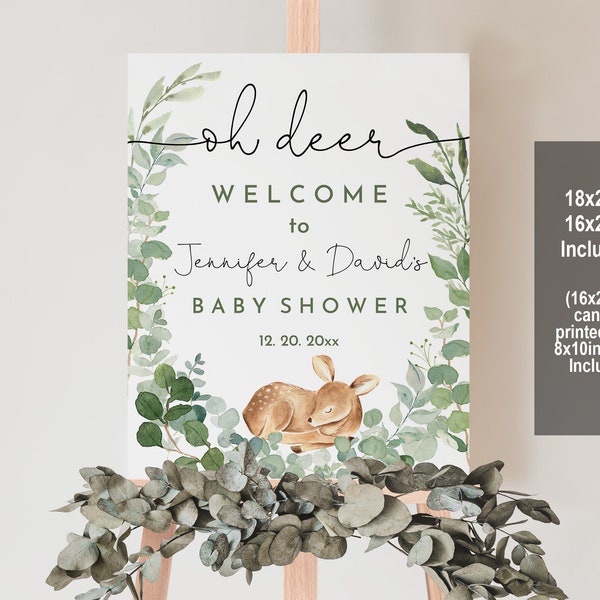 Oh Deer Baby Shower Welcome Sign Woodland Animals Baby Shower Decor Gender Neutral Deer baby shower Boho Greenery Editable Printable Bab120