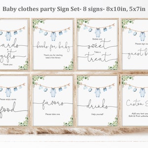 Baby boy clothes table sign set Laundry baby shower table decor Boy Blue greenery Boho sign package Editable Printable Download Bab214