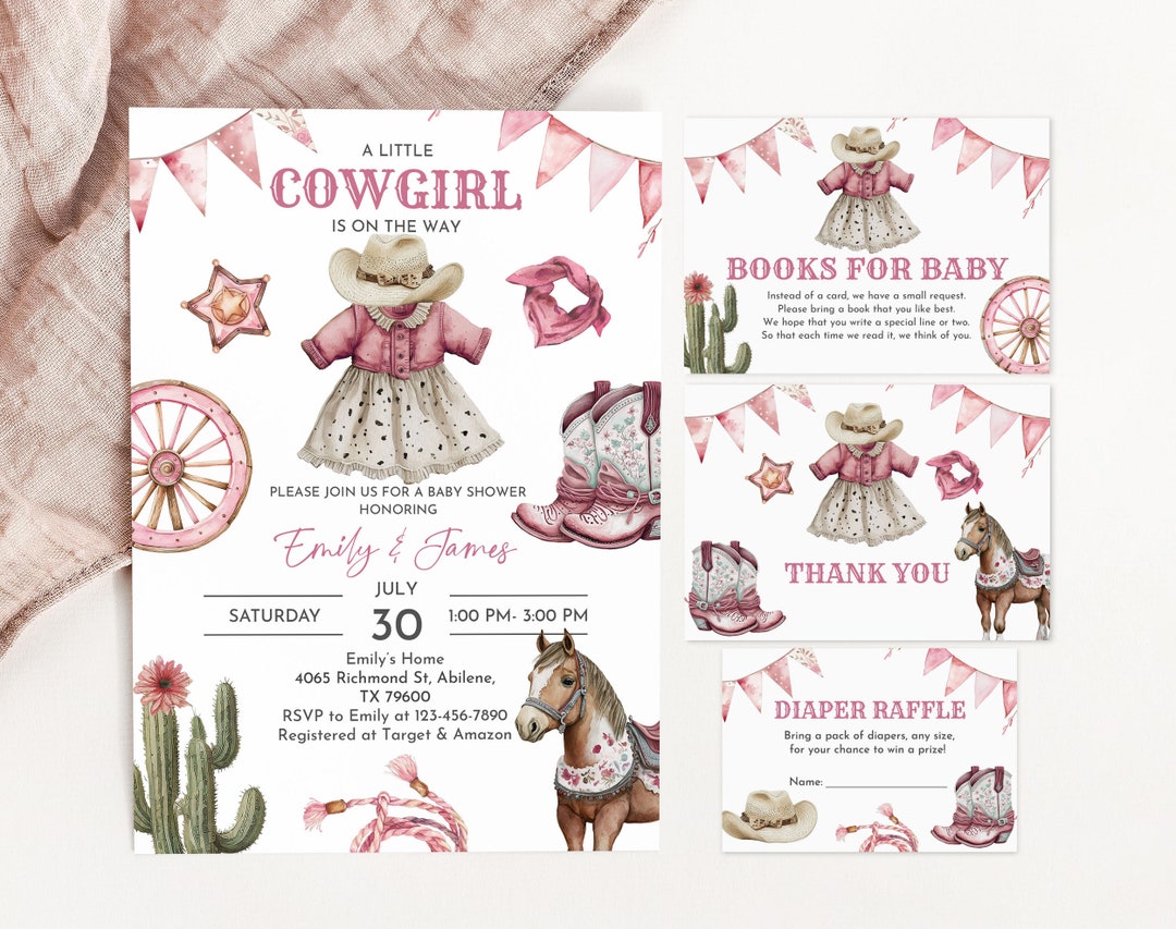 Editable Little Cowgirl Baby Shower Invitation Set A Little Cowgirl is ...