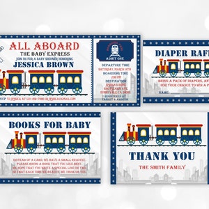 Conjunto de convites para chá de bebê de trem, pacote de convites para passagem de trem, é um menino, trem azul e vermelho, editável digital, para impressão, download Bab73