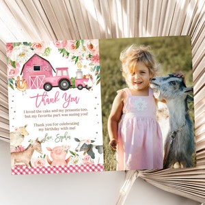 Carte de remerciement avec photo d'anniversaire de la ferme, animaux de la ferme, fille de la basse-cour, note de remerciement florale rose, ferme, édition imprimable, téléchargement Bir312