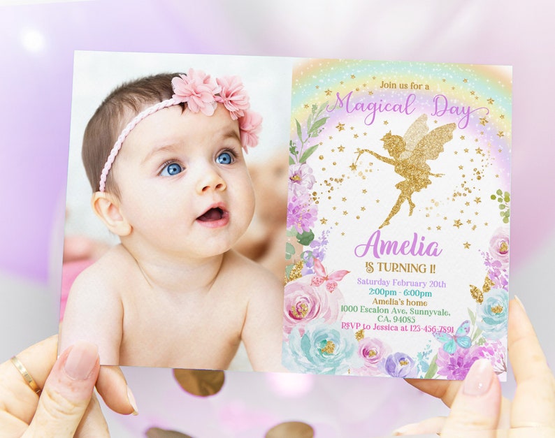 Fairy Birthday Invitation Party Invite Fairy Girl Rainbow Gold Butterfly Magical Floral 1st Photo Editable Printable Download
