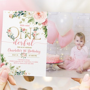 Little Miss Onederful Birthday Photo Invitation Blush Pink Floral Girl 1st Birthday Party Invite Garden Editable Printable Download Bir303