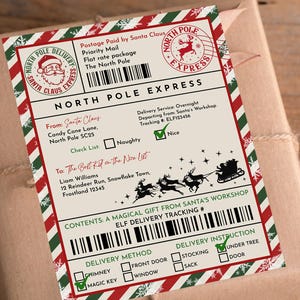 Etiquetas de envío de Papá Noel, plantilla editable, pegatinas de correo del Polo Norte, etiqueta de regalo, correo de trineo, taller de Papá Noel, etiqueta de regalo de Papá Noel imprimible, Chl9