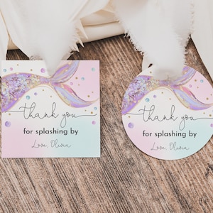 Mermaid Party Favor 2 "runder quadratischer Aufkleber Tag Danke für das Spritzen von bearbeitbaren Mermaid Tail Danke Etikett Babyparty Geburtstag Bab304