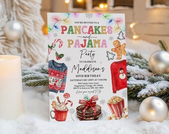 Birthday Invitation: Pancakes and Pajamas Christmas Party (Editable Digital) Chbir14