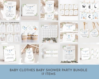 Editable Baby Clothes Baby shower Bundle Laundry party Blue Greenery Invite Package A sweet baby boy is on his way Printable Download Bab214