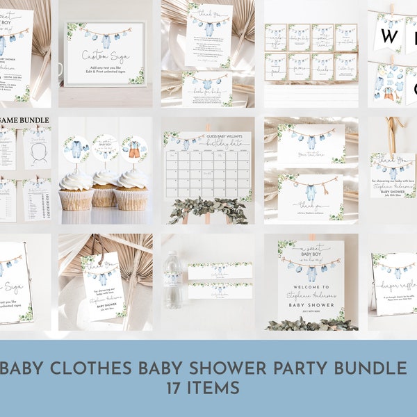 Editable Baby Clothes Baby shower Bundle Laundry party Blue Greenery Invite Package A sweet baby boy is on his way Printable Download Bab214