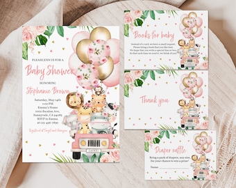 Puede incluir: Invitación a una baby shower rosa y dorada con temática de animales de la selva. La invitación presenta un jeep rosa con un grupo de animales, incluyendo un león, una jirafa, un mono y un elefante. El jeep está decorado con globos rosas y dorados. El texto de la invitación dice "Por favor, únase a nosotros para una Baby Shower en honor a Stephanie Brown".
