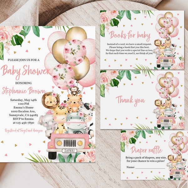 Jungle Baby Shower Invitation Set Girl Safari Party Invite bundle Jungle Animals Truck Pink Balloon Baby Sprinkle Editable Download Bab211