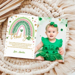Carte de remerciement d'anniversaire de la Saint-Patrick Note de remerciement pour la Saint-Patrick Photo trèfle trèfle arc-en-ciel fille instantané modifiable imprimable SpI1