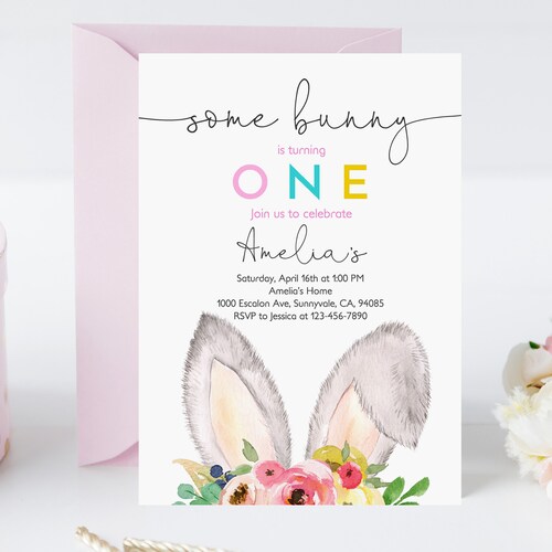 First Birthday Invitation: Bunny with Floral Design - Editable Printable
