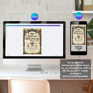 May include: A digital Halloween party invitation template displayed on a computer monitor and a smartphone screen. The design features a gothic black frame with bats and skulls, with text reading Spooktacular Halloween Party and the date 31.