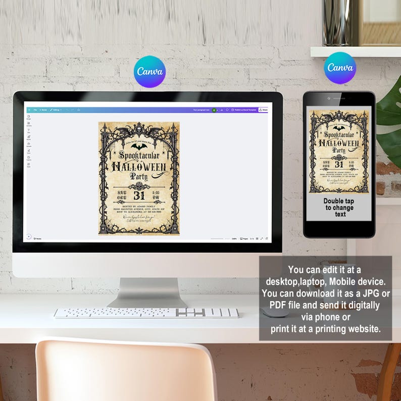 May include: A digital Halloween party invitation template displayed on a computer monitor and a smartphone screen. The design features a gothic black frame with bats and skulls, with text reading Spooktacular Halloween Party and the date 31.