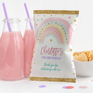 Bearbeitbare Regenbogen Chip Tasche Pastell Regenbogen Geburtstag Chip Tasche Geburtstag Favor Bag Regenbogen Gold Glitzer Mädchen Printable Favor Download Bir299
