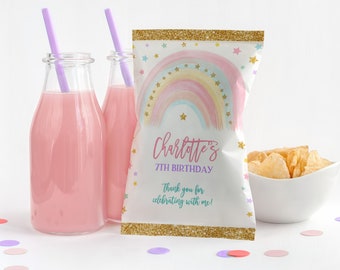 Editable Rainbow Chip Bag Pastel Rainbow Birthday Chip Bag Birthday Favor Bag Rainbow Gold glitter Girl Printable Favor Download Bir299