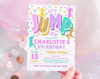 Jump uitnodiging bewerkbare Jump verjaardag uitnodigen Trampoline Party Bounce House Jump Party Let's Jump Girl bewerkbare afdrukbare download Bir66