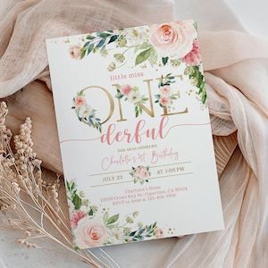 Einladung zum Geburtstag von Little Miss Onederful – Rosa-Blumenmuster, bearbeitbare PDF-Datei (Bir303)
