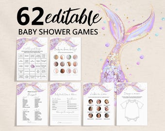 Babyshower spelletjespakket: Zeemeerminthema - Roze, Paars & Goud Bewerkbaar Bab304