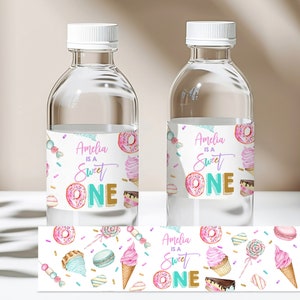 Süßes Partywasserflaschenetikett Süßes Mädchen 1. Geburtstag Candy Cupcake Donut Pastell Sweet Water Wrapper Editierbarer Printable Download Bir360
