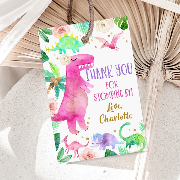 Girl Dinosaur Birthday thank You Tag Cute Pink Dino Favor Label Thanks For Stomping By Gift Tag Editable Download Printable Bir248