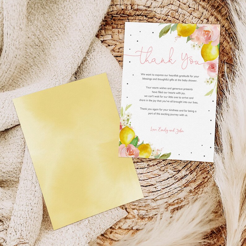 Bedankkaartje: Citroen Citrus Babyshower (Roze Bloemen, Bewerkbaar Bab189) afbeelding 3