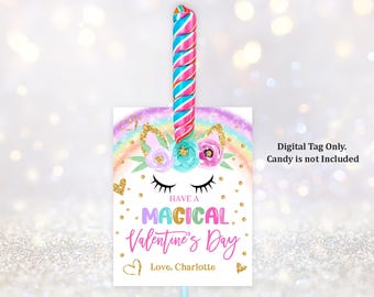 Unicorn Valentine&#39;s Day Lollipop Holder lollipop Tag Girl Kids Class Valentine&#39;s Favor Treat Label Editable Printable Download Vat7