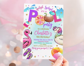 Pool Party Invitation Girl Pool Party Unicorn Invitation Flamingo Swimming Party Invite Summer Editable Template Printable Download Bir320