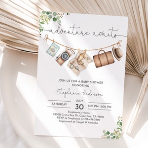 May include: A baby shower invitation featuring a watercolour illustration of a suitcase, passport, camera, and a world map hanging on a clothesline. The text reads "adventure awaits" and includes the event details: Stephanie Anderson, Saturday, 30 July, 1:00 PM - 3:00 PM, Stephanie's Home, 22500 Cristo Rey Dr. Cupertino, CA 95014, RSVP to Stephanie at 123-456-7890, Registered at Target & Amazon.