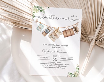 May include: A baby shower invitation with a watercolor illustration of a suitcase, passport, camera, and a world map hanging on a clothesline. The text reads "adventure awaits" and includes the details of the event: Stephanie Anderson, Saturday, July 30, 1:00 PM - 3:00 PM, Stephanie's Home, 22500 Cristo Rey Dr. Cupertino, CA 95014, RSVP to Stephanie at 123-456-7890, Registered at Target & Amazon.