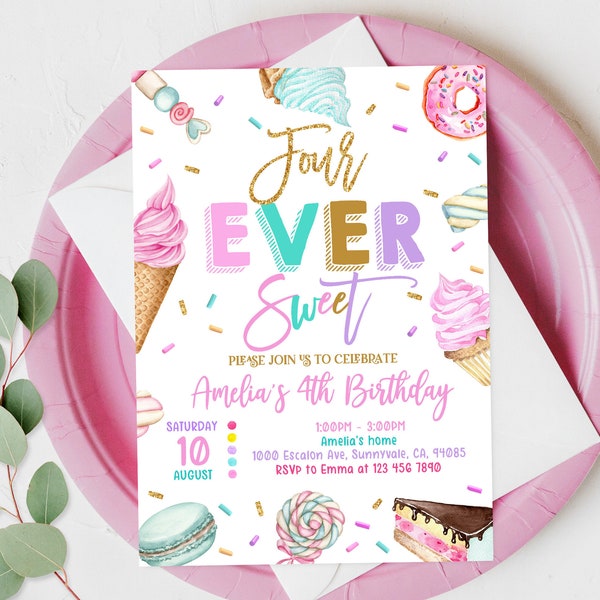 Four Ever Sweet Birthday Invitation Donut Birthday Party Four Ever Birthday Girl 4th Birthday Editable Printable Sweet Celebration Bir339