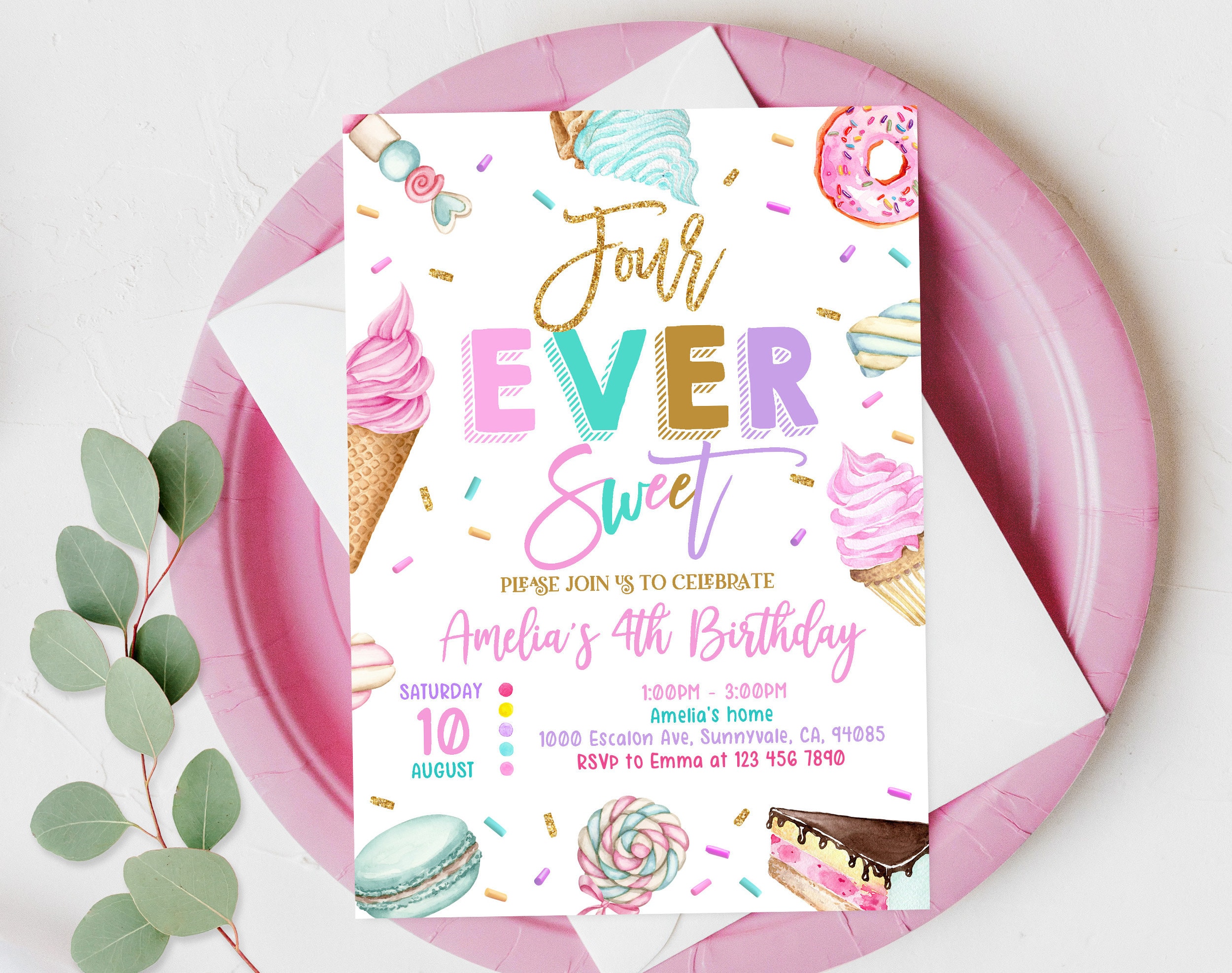 Four Ever Sweet Birthday Invitation Donut Birthday Party Four Ever Birthday Girl 4th Birthday Editable Printable Sweet Celebration Bir339