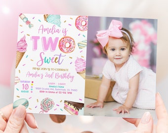 Two sweet Photo Birthday Invitation Pastel Sweets Invite Donut Candy Ice cream Cupcake 2nd Birthday Editable Printable Download Bir338