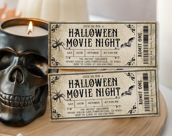 Inbjudan till filmkväll: Biljett till Halloweenfest - Redigerbar utskrivbar