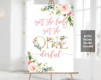 Isn't She Onederful Sign, Pink Blush Floral (Girl 1st Birthday Printable Bir303)
