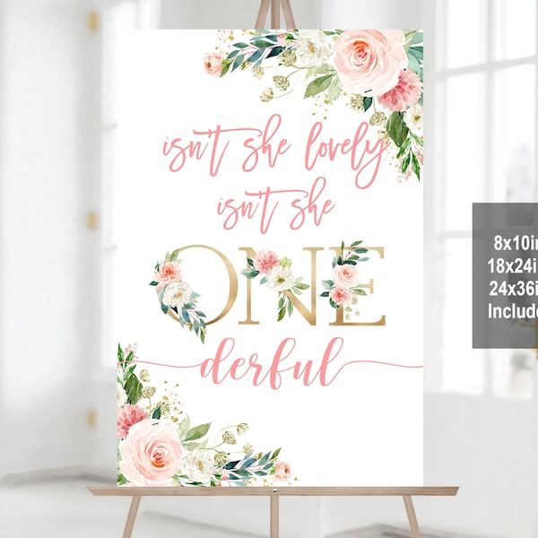 Isn't she Onederful Sign Little Miss Onederful Party Sign Girl First Birthday Poster Printable Pink Blush Floral Download Bir303