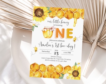 Invitación de cumpleaños de abeja: Panal de abeja, girasol (Editable para niña de 1.ª edad, 376)