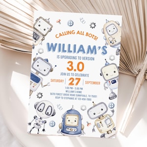 Puede incluir: Una tarjeta de invitación blanca con temática de robots. La tarjeta presenta ilustraciones de acuarela de robots, engranajes y tuercas. El texto incluye "Calling all Bots!" y "William's is upgrading to version 3.0". También se incluye la fecha y hora del evento.
