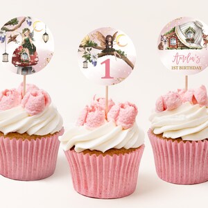 Etichette per bomboniere a forma di fata per cupcake, decorazioni per feste di primo compleanno, foresta incantata, giardino boho, ragazza, modificabili, stampabili, digitali Bir275