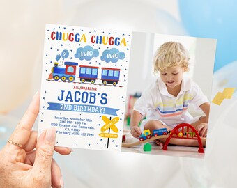 Train Birthday Invitation, Blue Red White Photo (Editable Template Bir60)