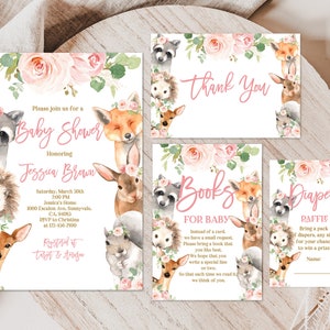 Wald Babypartyeinladung Set Waldtier Party Pack Mädchen Reh Kaninchen Fuchs Druckbare Blumen Bundle Bearbeitbare Download Digital Bab149